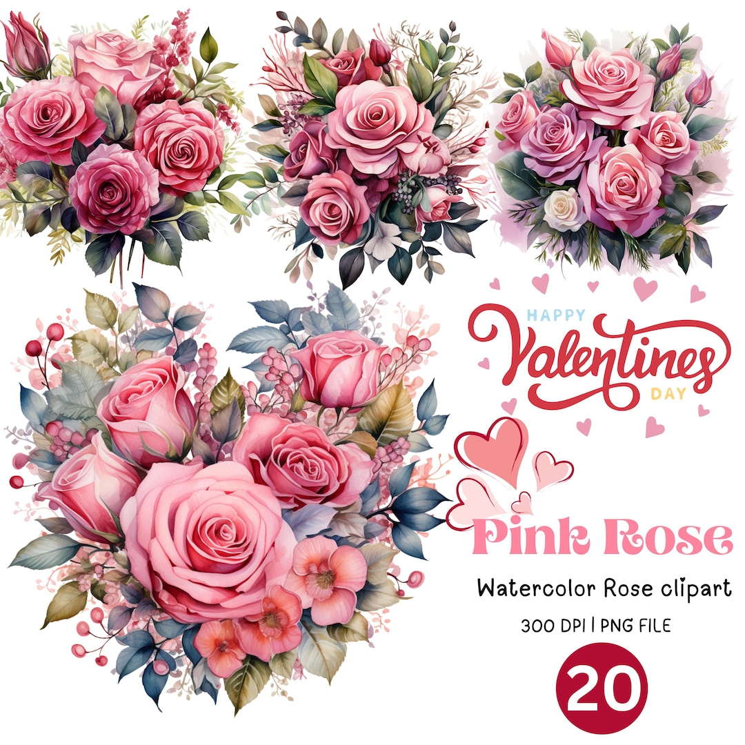 Watercolor Pink Rose Clipart Bundle | Floral PNG for Cards Crafts ...