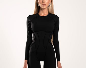 Women’s Black Catsuit – Sculpted One Piece Jumpsuit Bodysuit | Long Sleeve Fitted Evening Outfit Sexy Party Wear