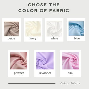 Puede incluir: Una paleta de colores con muestras de tela en beige, marfil, blanco, azul, polvo, lavanda y rosa. El texto en la parte superior dice "CHOSE THE COLOR OF FABRIC". El texto inferior dice "Colour Palette".