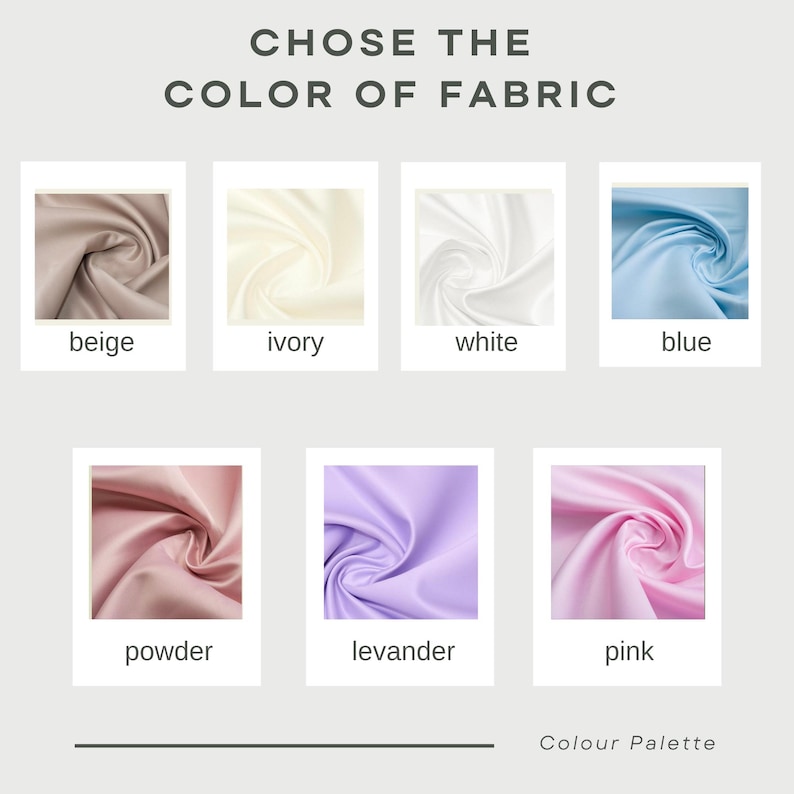 Puede incluir: Una paleta de colores con muestras de tela en beige, marfil, blanco, azul, polvo, lavanda y rosa. El texto en la parte superior dice "CHOSE THE COLOR OF FABRIC". El texto inferior dice "Colour Palette".