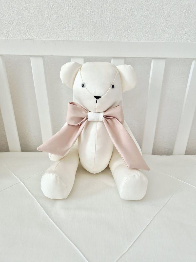 Cot Bedding Set with Embroidered Name: Baby Pillow, Roller, Memory Bear, 3 Bows for Decor