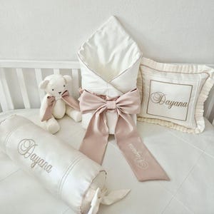 Personalized Baby Bedding Set: Square Pillow, Roller Pillow, Memory Bear