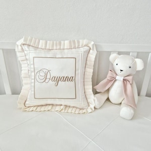 Cot Bedding Set with Embroidered Name: Baby Pillow, Roller, Memory Bear, 3 Bows for Decor