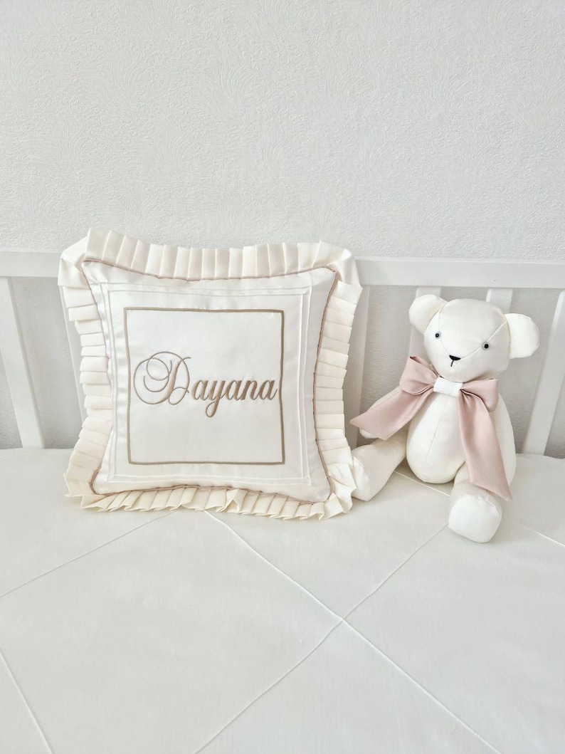 Cot Bedding Set with Embroidered Name: Baby Pillow, Roller, Memory Bear, 3 Bows for Decor