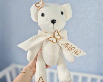 Personalized Teddy Bear with Butterfly Appliques, Custom Name Plush Toy, Nursery Decor Keepsake, Baby Shower Gift