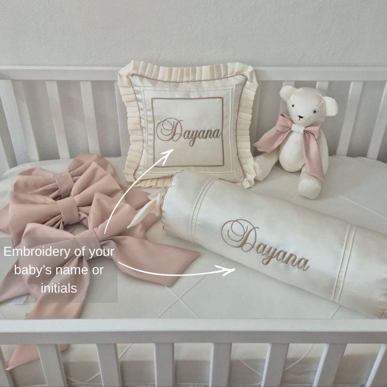 Cot Bedding Set with Embroidered Name: Baby Pillow, Roller, Memory Bear, 3 Bows for Decor