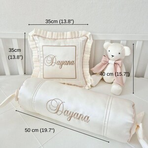 Cot Bedding Set with Embroidered Name: Baby Pillow, Roller, Memory Bear, 3 Bows for Decor