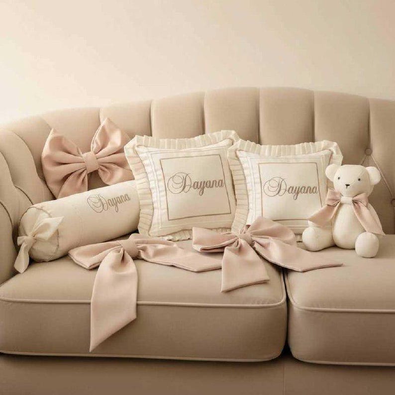 Baby Bedding Set with Embroidered Name: Baby Throw Pillow, Roller, Memory Bear, 3 Bows for Decor