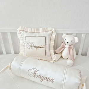 Cot Bedding Set with Embroidered Name: Baby Pillow, Roller, Memory Bear, 3 Bows for Decor