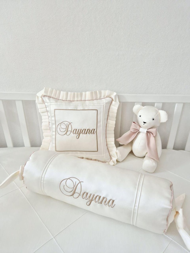 Cot Bedding Set with Embroidered Name: Baby Pillow, Roller, Memory Bear, 3 Bows for Decor