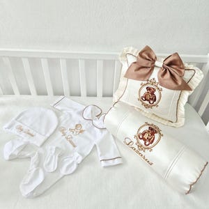 Personalized Baby Pillow & Clothing Set: Bodysuit, Hat, Mittens