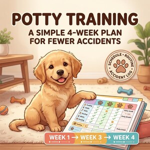 May include: A golden puppy sits next to a training chart titled POTTY TRAINING A SIMPLE 4-WEEK PLAN FOR FEWER ACCIDENTS. The chart includes columns for feeding, walks, and potty breaks with paw print icons and checkmarks. A circular badge reads SCHEDULE ROUTINE ACCIDENT LOG.