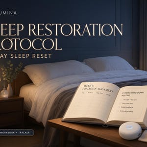 Könnte beinhalten: Ein 14-Tage-Schlaf-Reset-Arbeitsbuch und Tracker namens Sleep Restoration Protocol mit einem wöchentlichen zirkadianen Ausrichtungsplan und einer Checkliste für die Abendroutine, auf einem Holztisch mit einem kleinen weißen Gerät und einem Silberring.