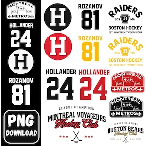 May include: A collection of hockey-themed graphics in black, white, red, and yellow. Includes team logos, player names, numbers, and the text "PNG DOWNLOAD". The graphics feature the words "Montreal", "Boston Hockey", and "Raiders".