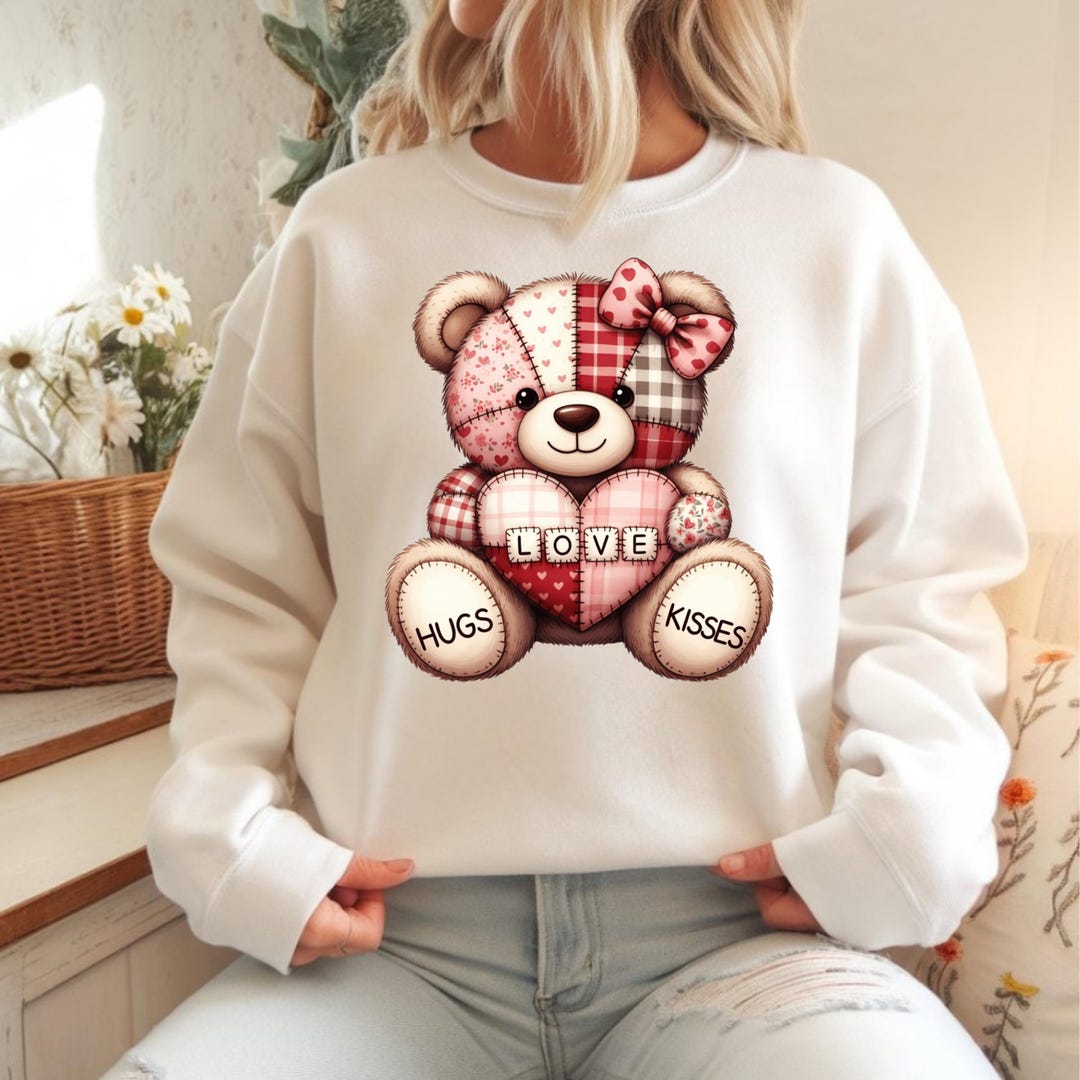 Patchwork Teddy Bear PNG Valentine Hugs and Kisses PNG Quilted Love ...