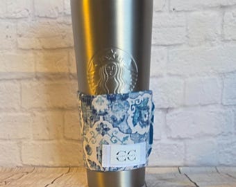 Blue IKat Print Insulated Coffee Sleeve: Reusable Washable Cotton Cup Cozy, Fits 16-24 oz.