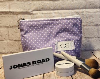 Cotton Makeup Bag: Handmade Purple Polka-Dot Zippered Cosmetic Pouch with Coordinated Lining