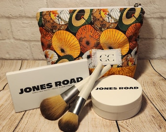 Asian Print Cotton Makeup Bag: Fall Colors Handmade Washable Zippered Cosmetic Pouch with Coordinated Lining