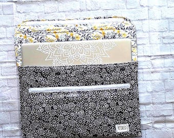 Quilted Laptop Sleeve: Gray Floral Print Cotton, Padded Case with Hook-and-Loop Closure