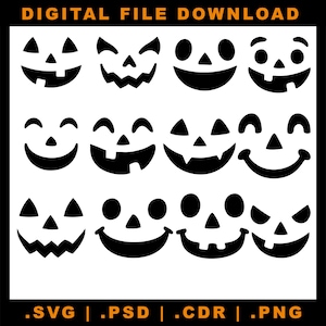Puede incluir: Una descarga de archivo digital que presenta una colección de diseños de caras de calabaza negras. La imagen incluye varias caras de jack-o'-lantern talladas con diferentes expresiones. El texto "DIGITAL FILE DOWNLOAD" está en la parte superior, y las extensiones de tipo de archivo están en la parte inferior.