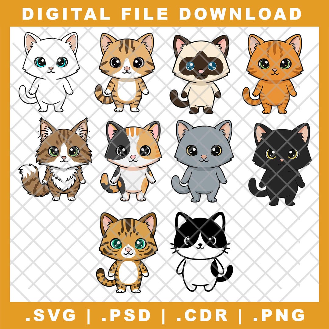 Kawai Cats Chibi | 40 Files | Digital Download | Svg, Png, Psd, Cdr ...