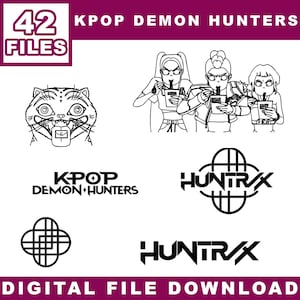 Peut inclure: Graphique de téléchargement de fichier numérique en noir et blanc avec le texte "42 FILES" et "KPOP DEMON HUNTERS". Comprend des illustrations d'un tigre, de trois personnes buvant et de divers logos. Le texte "DIGITAL FILE DOWNLOAD" est également présent.