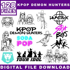 Peut inclure: Graphique de téléchargement de fichier numérique avec le texte "128 FILES" et "KPOP DEMON HUNTERS". L'image présente diverses illustrations en noir et blanc, notamment des figures stylisées, des logos et les mots "SODA POP" et "YOUR IDOL".