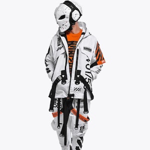 Cyberpunk White Techwear Bomber Jacket – Black Tactical Outerwear with Industrial Graphics & Courier Straps | Eryvox