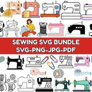 Puede incluir: Una colección de ilustraciones de máquinas de coser en varios estilos y colores, incluyendo dibujos lineales en blanco y negro y diseños coloridos. La imagen incluye el texto "SEWING SVG BUNDLE SVG-PNG-JPG-PDF".