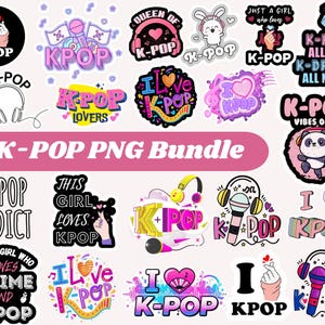 May include: A selection of vibrant K-Pop themed PNG graphics. Designs feature hearts, headphones, hand gestures, and text including "K-Pop Lovers", "I Love K-Pop", and "K-Pop Addict". Ideal for digital art projects and crafting.