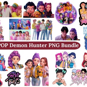 Peut inclure: Ensemble de graphiques PNG sur le thème de la K-Pop, avec des illustrations de personnages de style anime. Les images incluent des groupes, des portraits individuels et le texte "K-POP Demon Hunter PNG Bundle" et "Sijt Boys".