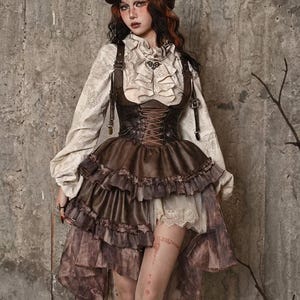 steampunk short dress Jawbreaker SteamPunk Mini Dress Stripes Cogs Gothic Cosplay Keyhole Brown Black