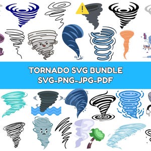 Peut inclure: Une collection d'illustrations de tornades de différents styles et couleurs, dont le bleu, le gris et l'orange. Le texte "TORNADO SVG BUNDLE SVG-PNG-JPG-PDF" est affiché sur une bannière bleue.
