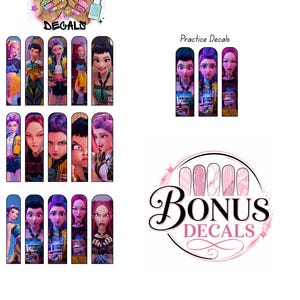 May include: A sheet of nail decals featuring various animated character portraits in rectangular frames, with the text Visionary Decals at the top. A smaller section labelled Practice Decals shows three character portraits, and a Bonus Decals logo.