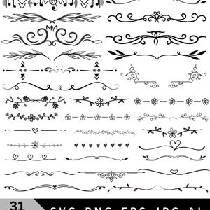 May include: A selection of 31 black decorative design elements, including borders, flourishes, and dividers. The designs feature floral, musical, and heart motifs. The image includes the text "31 DESIGNS" and "SVG-PNG-EPS-JPG-AI".