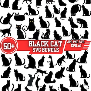 Op de afbeelding: Een verzameling van meer dan 50 zwarte kat silhouetten in verschillende poses. De afbeelding bevat een rode banner met de tekst "BLACK CAT SVG BUNDLE" en bestandsinfo. De katten bevinden zich in verschillende posities, waaronder zitten, staan en springen.