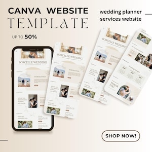 Könnte beinhalten: Ein Smartphone zeigt eine Canva-Website-Vorlage für Hochzeitsplaner-Dienste. Das Design zeigt den Text "BORCELLE WEDDING" und Bilder von Paaren. Die Vorlage enthält Abschnitte für die Einführung, Dienstleistungen und einen "Shop Now!"-Button.
