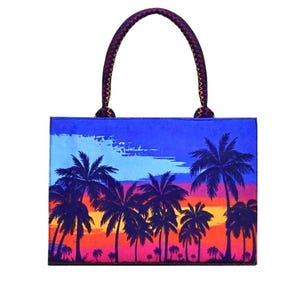 Tropical Canvas Tote Bag, Sunset Palm Tree Beach Bag, Summer Vacation