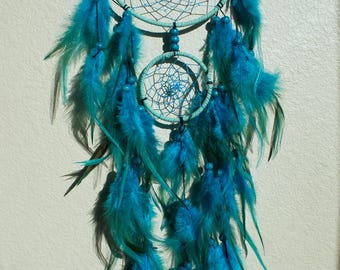 Blue Dreamcatcher with Tree of Life, Bedroom Dreamcatcher, Green Gemstones, Handmade Boho Wall Hanging, Gift for Her