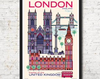 Colorful London Skyline Art Print, Home Wall Decor