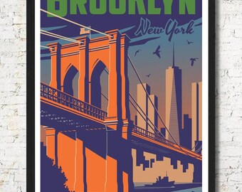 Vintage Brooklyn Travel Poster, New York City Skyline Art Print