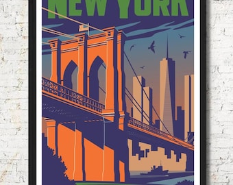 Vintage New York Travel Poster, Brooklyn Bridge Art Print
