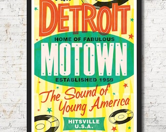 Detroit Motown Music Poster, Retro Wall Art Print