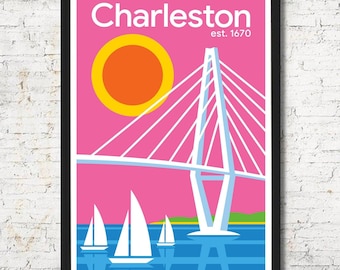 Charleston South Carolina Skyline Art Print, Colorful Home Decor