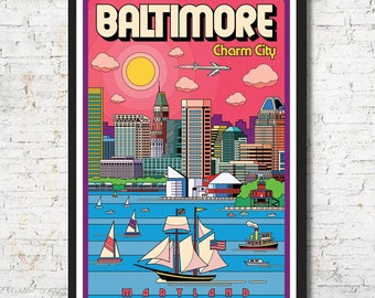 Puede incluir: Una ilustración de estilo retro del horizonte de Baltimore con el texto "Baltimore Charm City" y "Maryland" en la parte inferior. La ilustración presenta una ciudad con edificios, un puerto y veleros. Los colores son brillantes y llamativos, con una combinación de colores rosa, azul y amarillo.