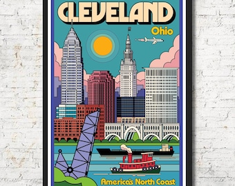 Pode incluir: Uma ilustração de estilo retro do horizonte de Cleveland com o texto "Cleveland, Ohio, America's North Coast". A ilustração apresenta um rio azul, uma ponte e um rebocador vermelho.