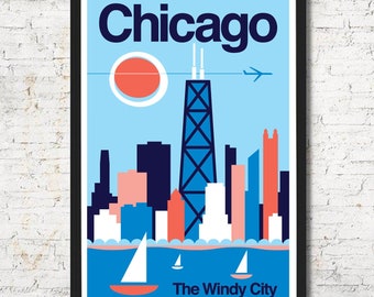 Vintage Chicago Travel Poster, Skyline Art Print