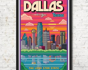 Dallas Skyline Art Print, Texas Travel Poster, Pop Art Wall Decor