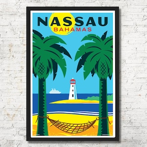 Nassau poster, Nassau wall art, Nassau art print, Nassau decor, Nassau, Nassau gift, Nassau wall art, Bahamas poster, Bahamas print, travel poster, palm trees, beach, lighthouse, St. Thomas, St. John, Atlantis, travel poster, Cruise, colorful, beach