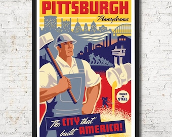 Vintage Pittsburgh Travel Poster, Steel City Skyline Art Print